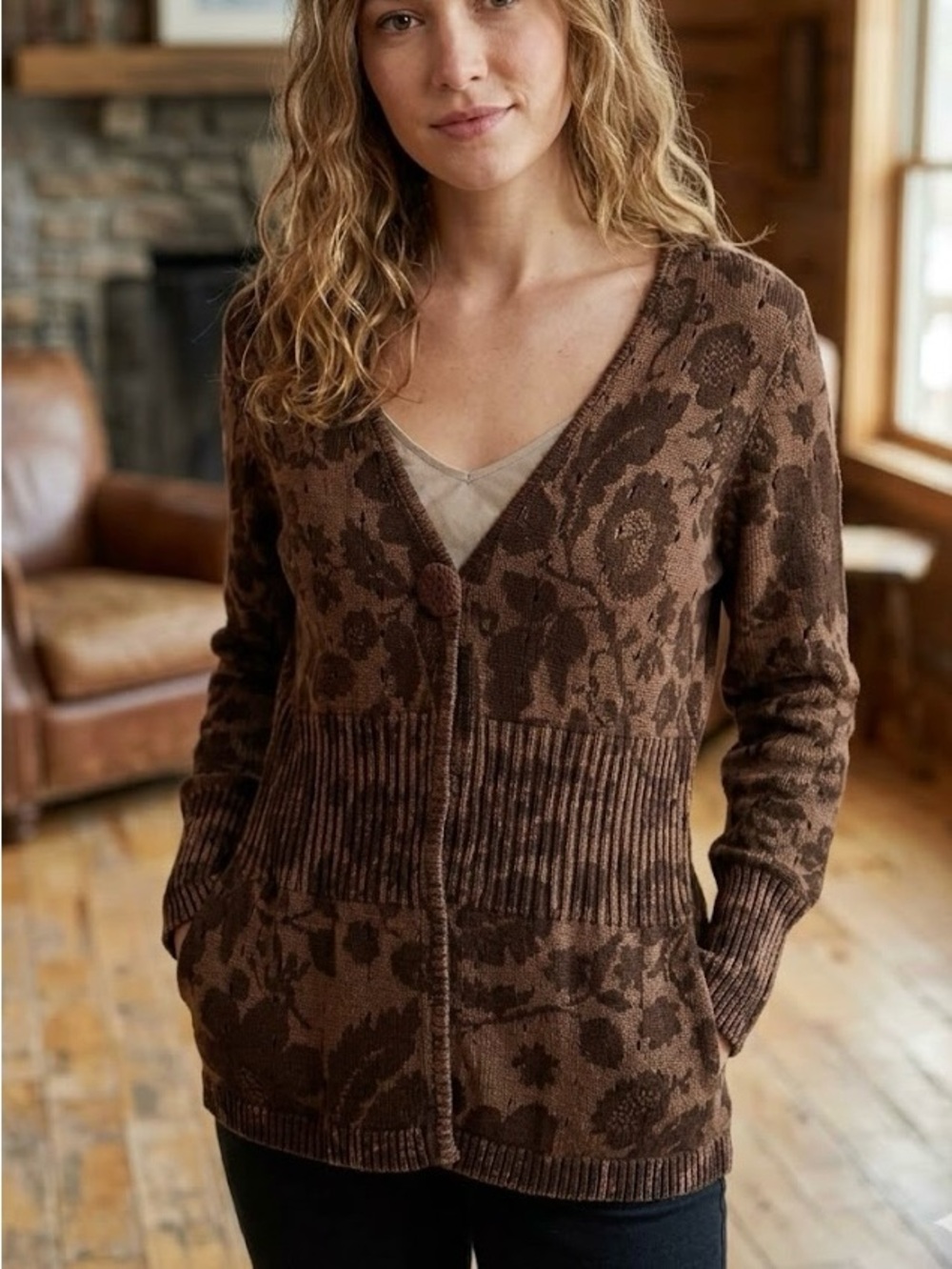 PBJ Blues Chocolate Brown Floral Pointelle Knit Cardigan Sweater Boho Earthy